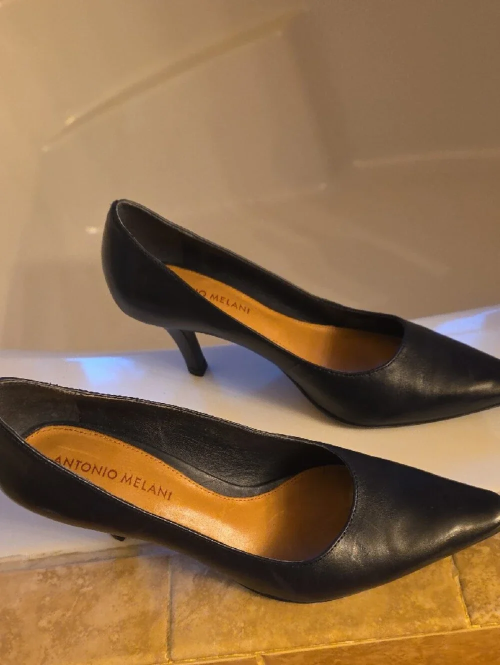 ANTONIO MELANI Dark Navy Blue Pointed Toe Leather Pumps with Tan Insole